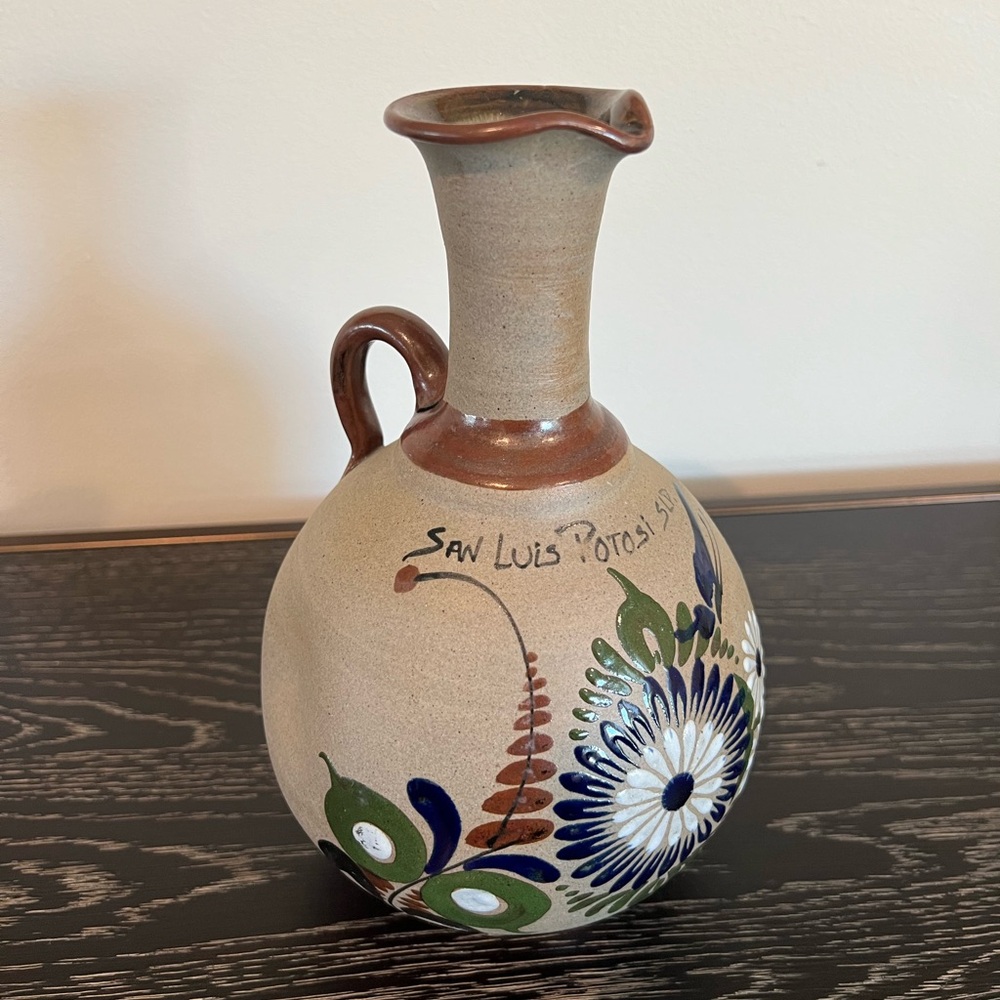 Vintage Mexican Tonala Pottery Water Jug Pinched Sides Vessel